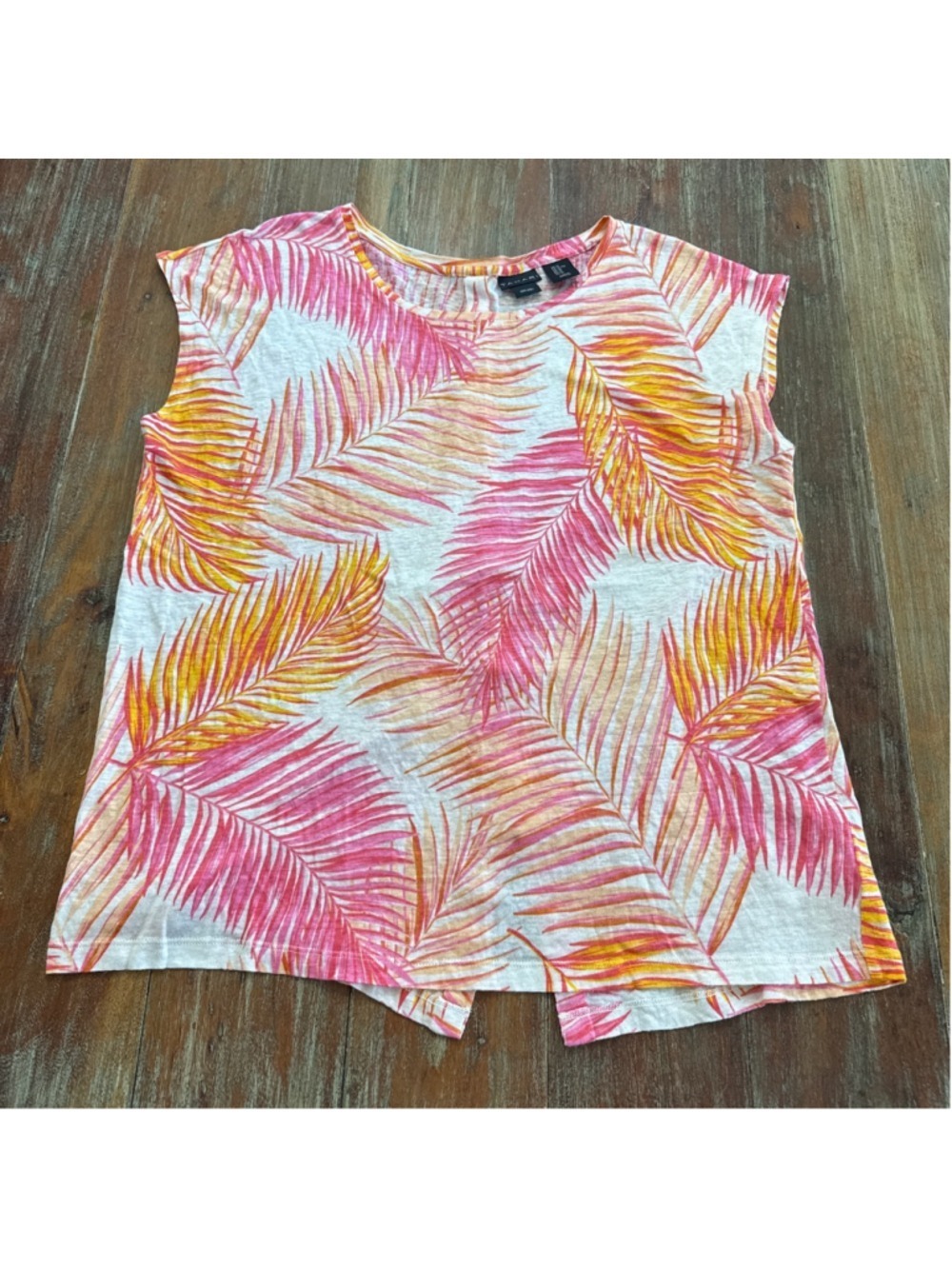 Tahari Linen Tropical Palm Print Sleeveless Top XL Pink Orange